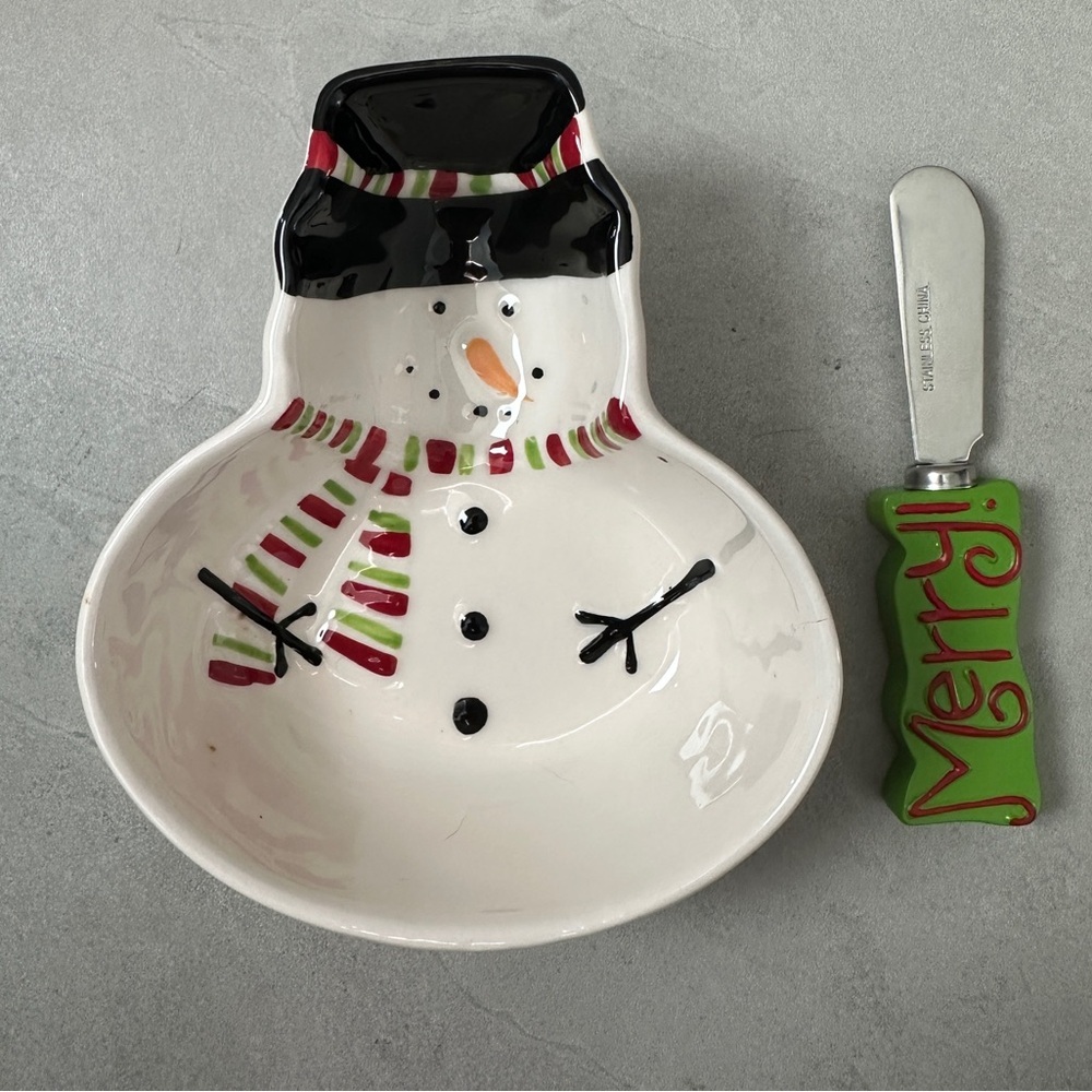Snowman Candy Ceramic Trinket Dish W/Spreader by Real Home